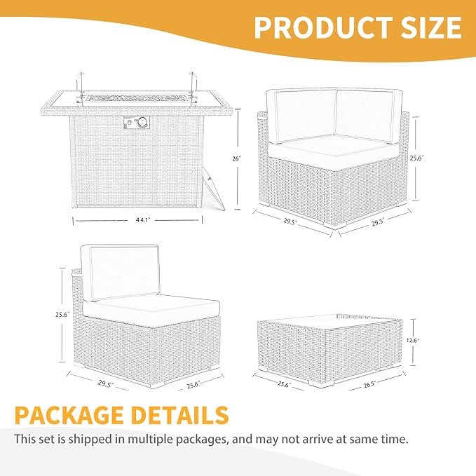 LayinSun 15 Pieces Patio Furniture Set with Fire Pit Table, Black Rattan Modular Sectional Patio Conversation Sofa Set