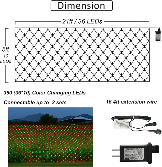 Pooqla Red and Green Christmas Net Lights Outdoor, 21x 5ft Green Wire | 360 LED Large Net Mesh Lights Plug in, 8 Modes Waterproof Connectable Bushes Lights for Christmas Hedge Yard Decor