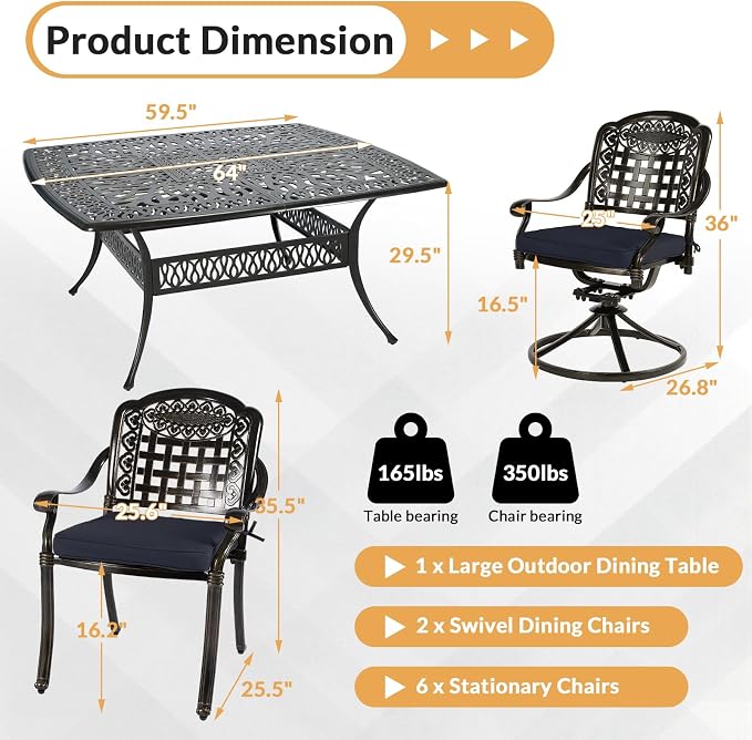 9 Piece Outdoor Patio Dining Set for 8, Cast Aluminium Large Square Dining Table & 2 Swivel Rocker Chairs, 6 Stationary, 8 Cushions, Umbrella Hole, Patio Furniture Set for Garden, Navy Blue