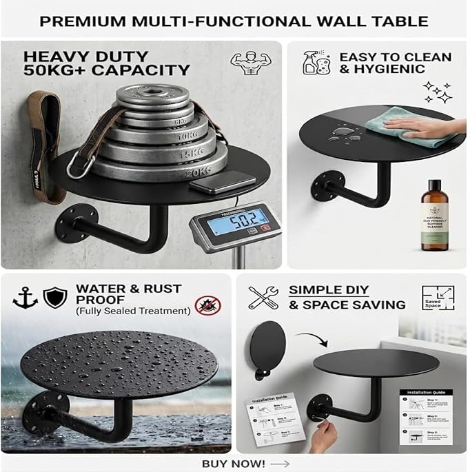 Wall Mounted Round Bar Table, Heavy Duty Iron Floating Desk, Space Saving Dining Table for Small Spaces, Waterproof Indoor/Outdoor Coffee Table, 19.7in Diameter