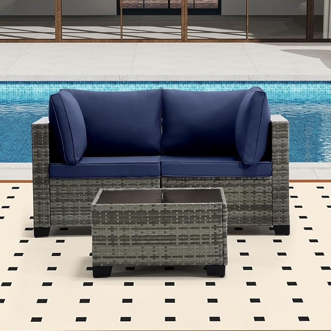 Bonzy Home 3 Pieces Outdoor Patio Furniture Set, PE Rattan Outdoor Sectional Furniture Sofa Set with Removable Cover and Glass Coffee Table, Patio Sofa for Balcony, Porch, Garden, (Grey-Navy Blue)