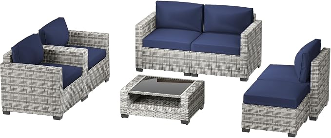 Patio Furniture Set, 7-Piece Outdoor Sectional Couch with Coffee Table & Thick Cushions, Outdoor Wicker Conversation Set for Backyard, Poolside, Garden (Grey White-Navy, 7 Piece-Double)