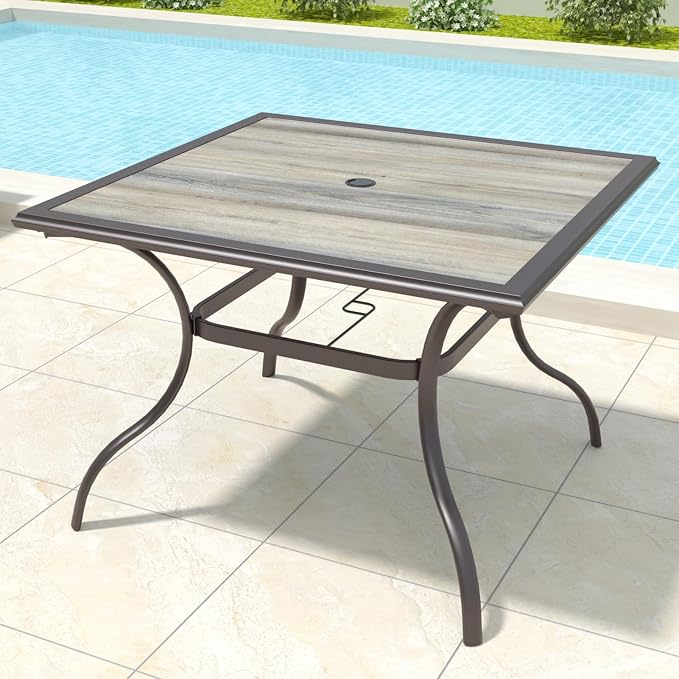 Anmutig Outdoor Dining Table with Square Wooden-Like PVC Table Top and Umbrella Hole for Bistro, Garden, Poolside, Backyard -Laminated Top Brown Metal Steel Frame
