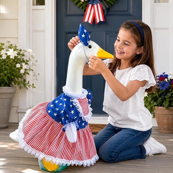 Mysense 4th of July Porch Goose Outfit for 23 Inch Goose Statue, Patriotic Red White Blue Goose Clothes with Bow for Outdoor Garden Patio Decor, USA 250th Anniversary Merchandise