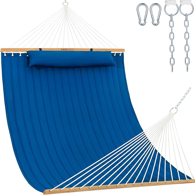 Lazy Daze 12 FT Double Quilted Fabric Hammock with Spreader Bars and Detachable Pillow, 2 Person Hammock for Outdoor Patio Backyard Poolside, 450 LBS Weight Capacity, Dark Blue/Natural