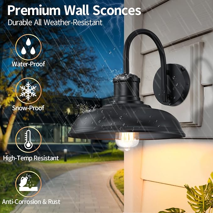 12'' Diameter Dusk to Dawn Outdoor Gooseneck Barn Light, Black | Large Exterior Lighting Fixture, Outdoor Wall Sconce Farmhouse Industrial Wall Lantern for Porch, Garage, Black, 2 Packs