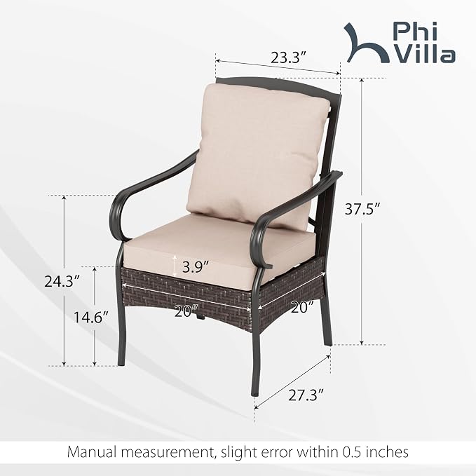 PHI VILLA Patio Dining Chairs Outdoor Wicker Chairs Set of 2 with Cushions | Heavy Duty Outdoor Metal Wicker Dining Chair with Padded Cushions, Large All Weather Wrought Iron Patio Chair for Balcony