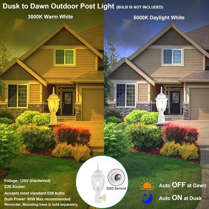 Outdoor Post Light Dusk to Dawn, Rustproof Aluminum, White | Exterior Lamp Post Light Fixture for Garden, Yard, Pathway, Waterproof, Glass, E26 Base, Max 60W