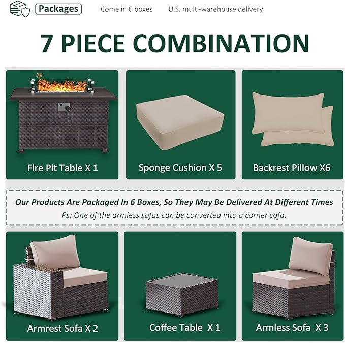 7 PCS Outdoor Patio Furniture Set,Outdoor Sectional Furniture with 43" 55000 BTU Gas Propane Fire Pit Table,All Weather PE Rattan Wicker Patio Conversation Set,Sand