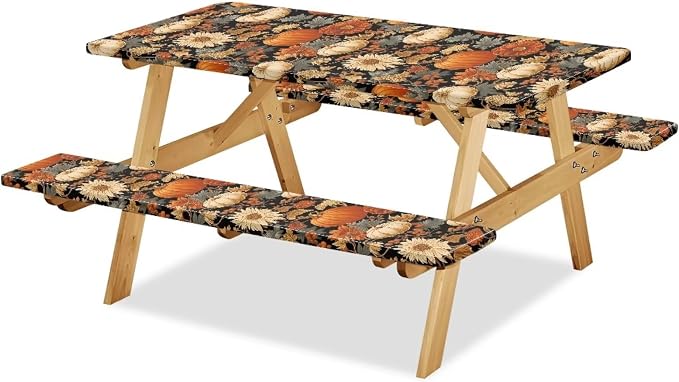 Pumpkin Picnic Table Cover with Bench Covers, Fall Harvest Fitted Table Cover, Outdoor Patio Camping Essentials 3PCS Waterproof Camping Fitted Tablecloth for Thanksgiving