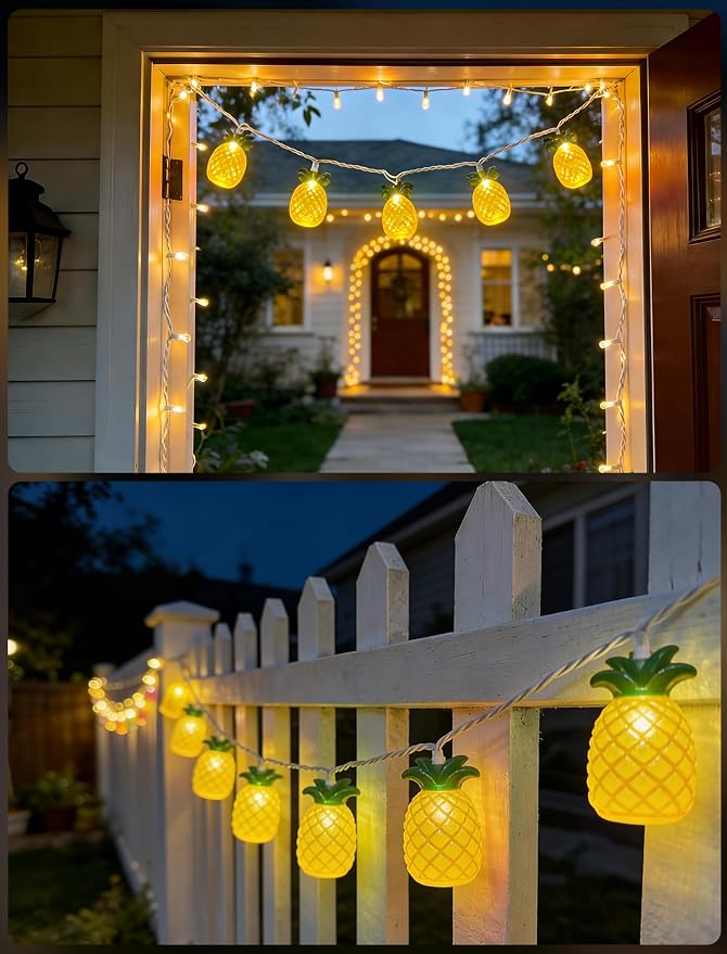 Abeja Summer String Light, 8.5Ft Pineapple Fairy Lights with 10 Pineapple Fun Patio Lights, Outdoor Indoor Party Lights for Party Bedroom Home Birthday Hawaiian Tropical Tiki Gifts Decor