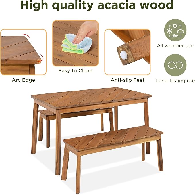 GDFStudio 3-Piece Acacia Wood Table and Bench Dining Set, Outdoor and Indoor Picnic Furniture with 2 Benches, Beer Table Set for Patio, Porch, Garden, Poolside, Natural Finish