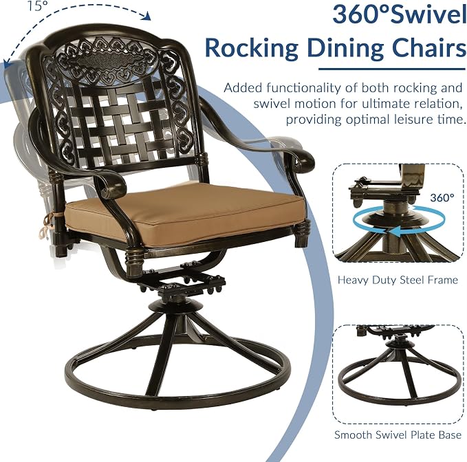 SOCIALCOMF 9-Piece Patio Cast Aluminum Dining Set, Outdoor Table and Chairs Set for 8, Includes 64" Large Square Dining Table and 8 Swivel Rocker Chairs with Umbrella Hole for Lawn Garden, Tan