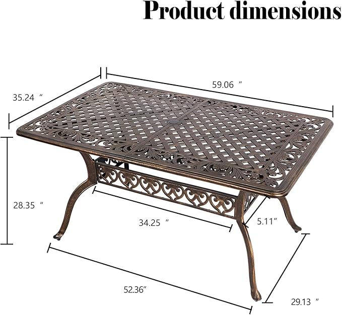 TITIMO Cast Aluminum Patio Dining Table 59'' - Outdoor Dining Rectangle Table Weather-Resistant Table with 2.0" Umbrella Hole for Balcony Lawn Garden Backyard Outdoor Furniture(59" Lx35.2 Wx 28.4" H)