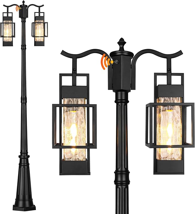 Dusk to Dawn Outdoor Lamp Post Light 2-Head, Hardwired Street Light Post for Outside Metal Pole Light Outdoor Lighting with Water Glass Shade for Garden Patio Backyard Walkway Driveway