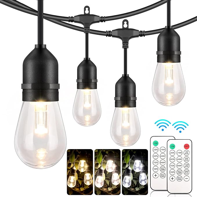 3 Color Outdoor LED Dimmable String Lights with Remote 48FT, Black | Plug in, Jump/Fade/Static Modes, 2700K/4000K/5000K, 15 S14 Bulbs, Shatterproof, Waterproof, Linkable, Backyard Patio Decor