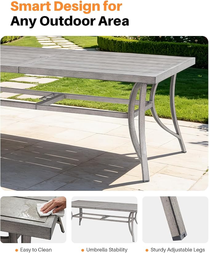 Never-Rust Outdoor Dining Table for 8, Aluminum Patio Dining Table with Umbrella Hole, 84" Rectangle Outdoor Dining Tables for Deck, Backyard, Garden, Poolside, Limed Oak