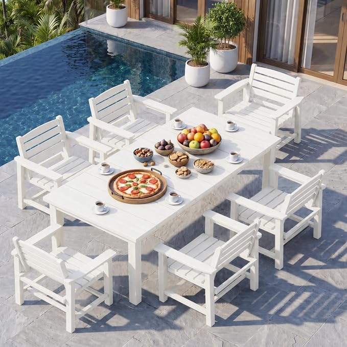 7-Piece Outdoor Dining Set with 75.2" Table for 6,White | HDPE material, umbrella hole design, weather-resistant furniture, perfect for garden, lawn, poolside, yard, balcony, deck