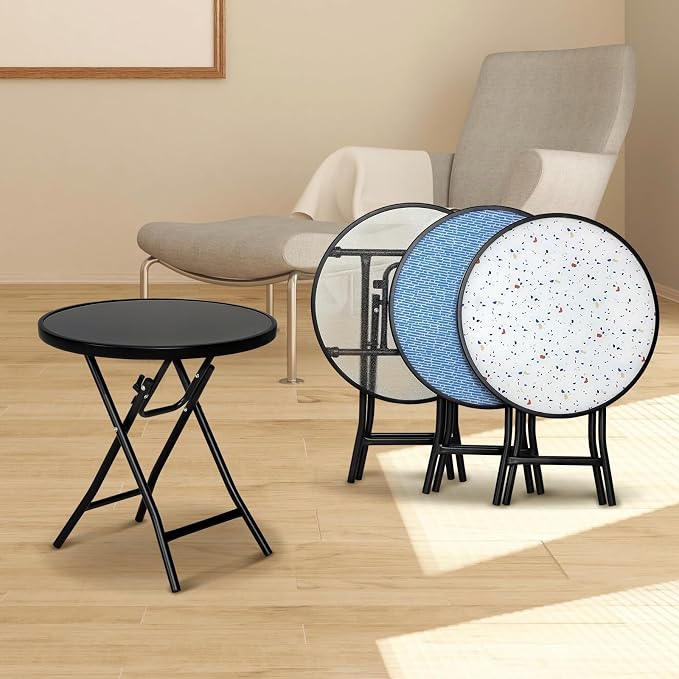 Abba Patio Bistro Table,18" Round Folding Side Table with Tempered Glass Tabletop,Small End Table for Outdoor Indoor Yard Garden Balcony Coffee, Black