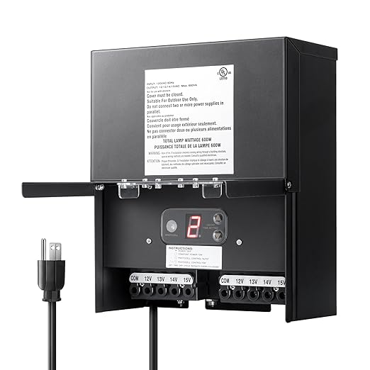 DEWENWILS 600W Low Voltage Landscape Transformer, Outdoor Weatherproof Transformer with Timer and Photocell Sensor, 120V AC to 12V/13V/14V/15V AC for LED Lighting, Walkway Light, cULus Listed