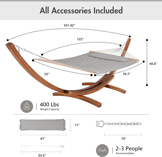 ANOW 13.5FT Curved Wood Stand with Double Hammock, Heavy Duty Larch Wood Arc Stand with 2 Chains, 4 Balance Ropes and 4 Carabiners, Includes Light Gray Hammock with Spreader Bars