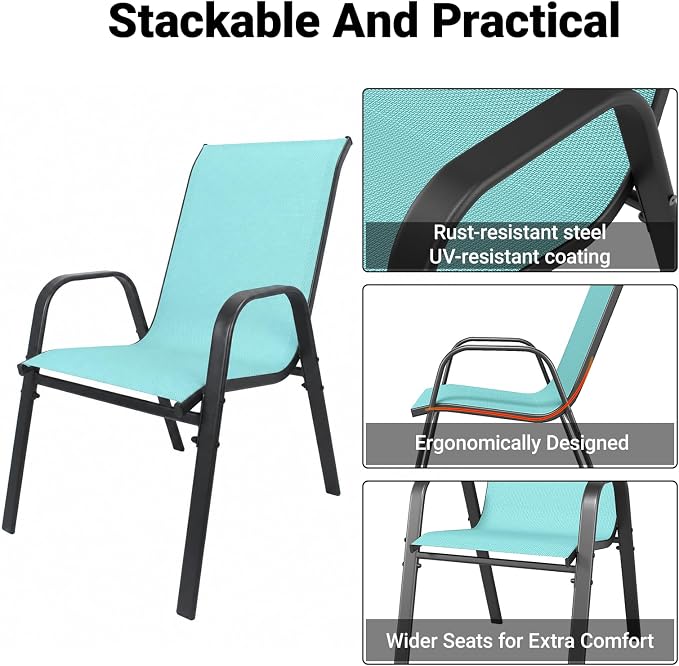 5 Piece Patio Dining Set, Stackable Outdoor Chairs Set of 4 with Textilene Fabric, 37.8" Wood-Grain Square Table with Umbrella Hole for Backyard Lawn Party (1 Table + 4 Chairs) (Sky Blue)