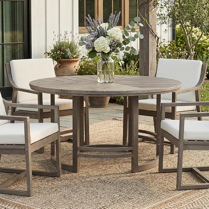 WILLIAMSPACE 59.1" Round Acacia Wood Outdoor Patio Table with Umbrella Hole, Brown