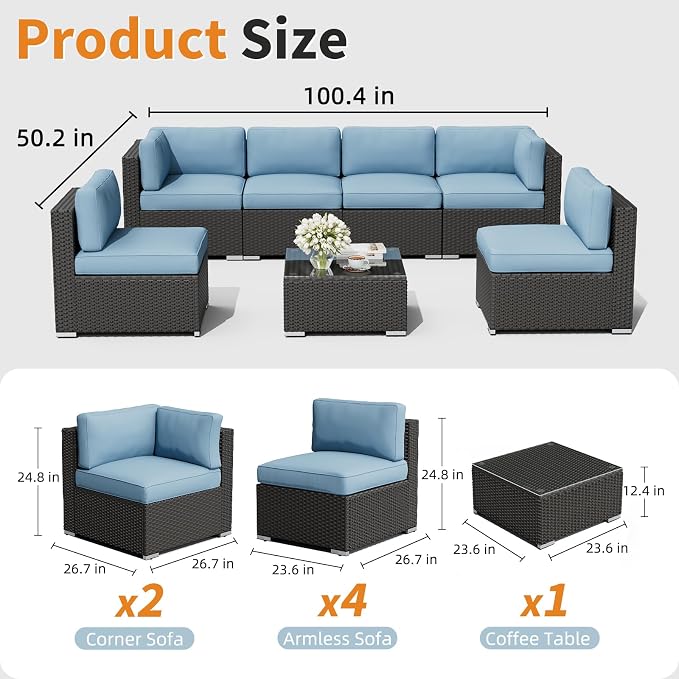 Oakcloud 7-Piece Outdoor Patio Furniture Black Rattan Wicker Sectional Sofa Conversation Set with Glass Top Table and Cushions (Haze Blue)