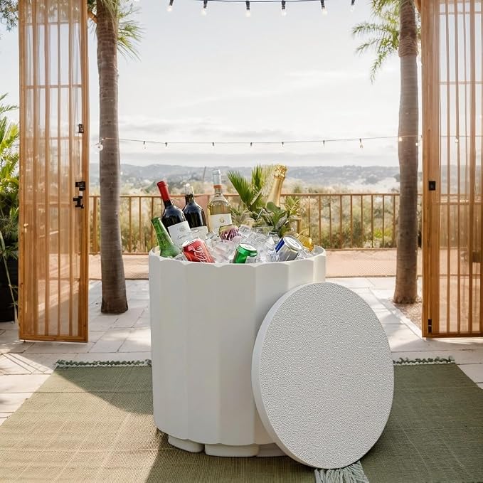 Zapdos 3-in-1 Outdoor Cooler Side Table, Dense Fluted Design, 16.5in Patio Ice Bucket, 330lbs Capacity, No Assembly, White