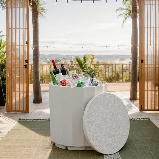Zapdos 3-in-1 Outdoor Cooler Side Table, Dense Fluted Design, 16.5in Patio Ice Bucket, 330lbs Capacity, No Assembly, White