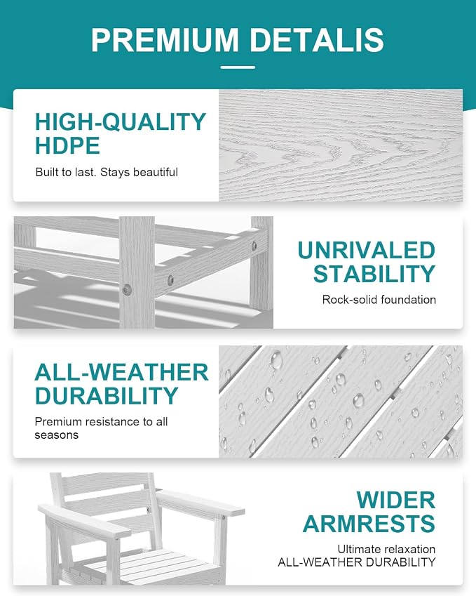 PLUUV 66" Outdoor Dining Table, All-Weather HDPE Rectangular Patio Table with 2” Umbrella Hole, Weatherproof, White