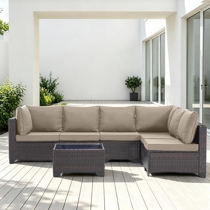 7-Piece Outdoor Patio Furniture Set, Brown PE Rattan Weaving Sofa with Dark Khaki Cushions and Steel Frame, Coffe Table Included, Outdoor Conversation Set