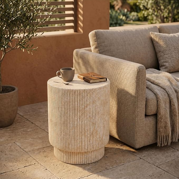 LeisureMod Eden Modern Side End Table – Indoor and Outdoor Accent Table for Living Room, Bedroom, Patio, Balcony, Porch, Garden, Small Spaces in Travertine