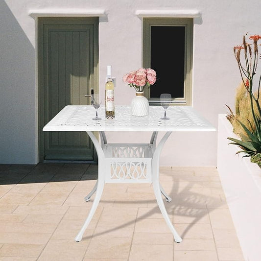 Outdoor Cast Aluminum Patio Table, 35.4” Square Bistro Table with 2.2’’ Umbrella Hole for Patio Furniture Garden Deck Backyard, White