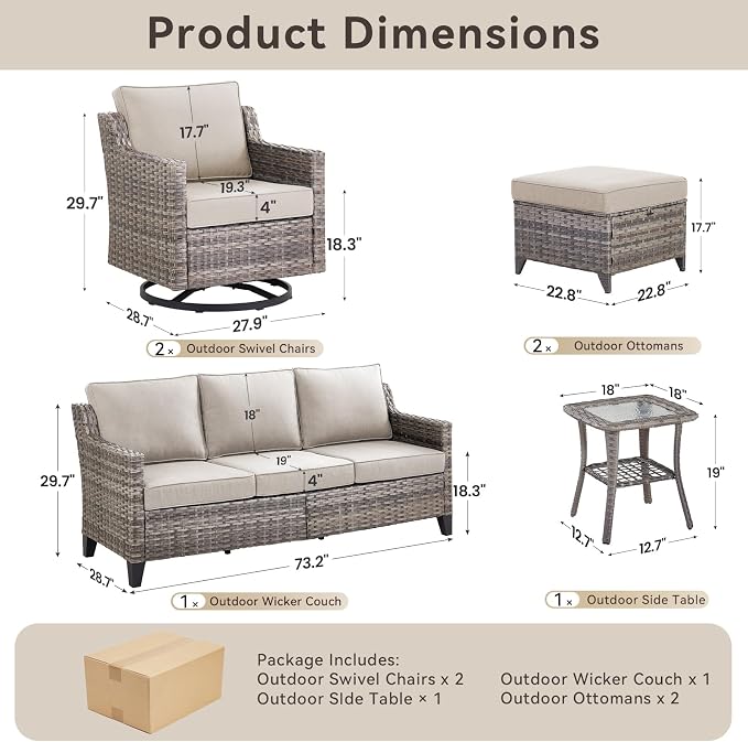 6 Piece Outdoor Patio Wicker Furniture Sets-High Back Outdoor Conversation Set Sectional Sofa with Wicker Swivel Rocker Patio Chairs,Thick Cushions Ottomans for Porch Balcony Patio Deck Grey/Beige