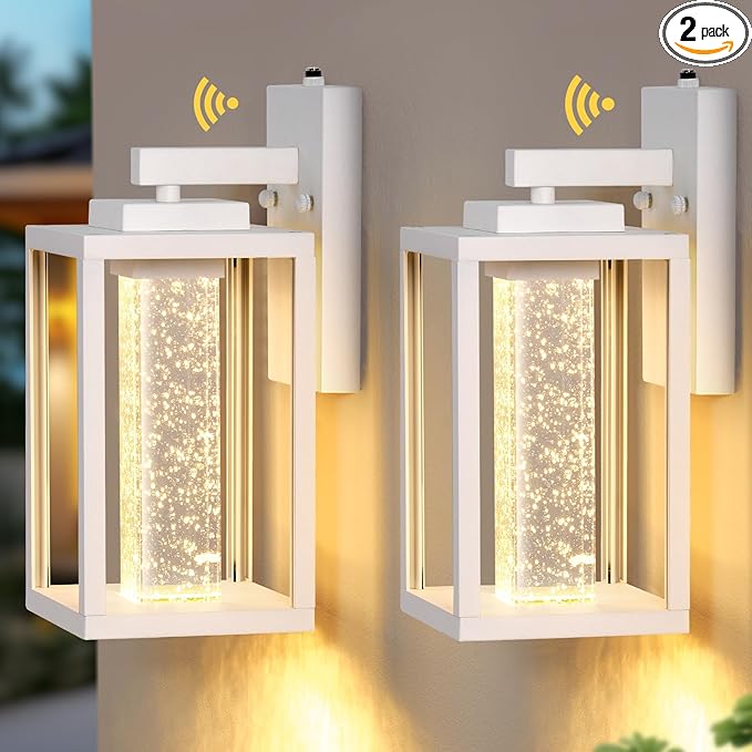 VIANIS White Outdoor Garage Lights Wall Mount, 2 Pack Dusk to Dawn Outdoor Coach Lights for House with Integrated 10W LED Light Source Crystal Bubble Glass, Modern Exterior Porch Light Wall Sconce