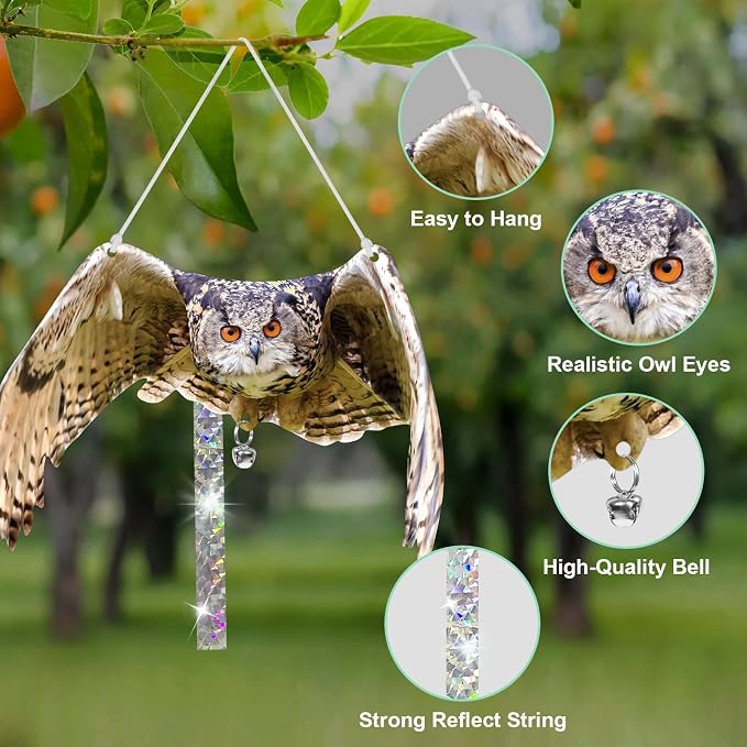 Owls to Keep Birds Away: 4Pack Fake Owls with Reflective Tape for Garden Patio, Reflective Hanging Decoration to Keep Birds Pigeon from Windows Tree
