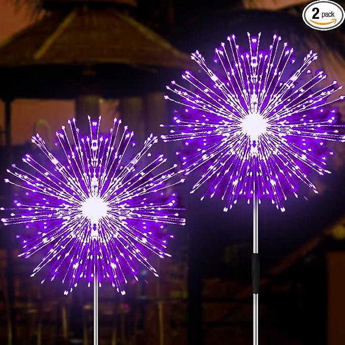 Solar Firework Lights, 2 Pack 120 LEDs 2 Lighting Modes Solar Garden Lights Outdoor Waterproof for Yard Patio Walkway Pathway Party Wedding Christmas Decorative - Purple
