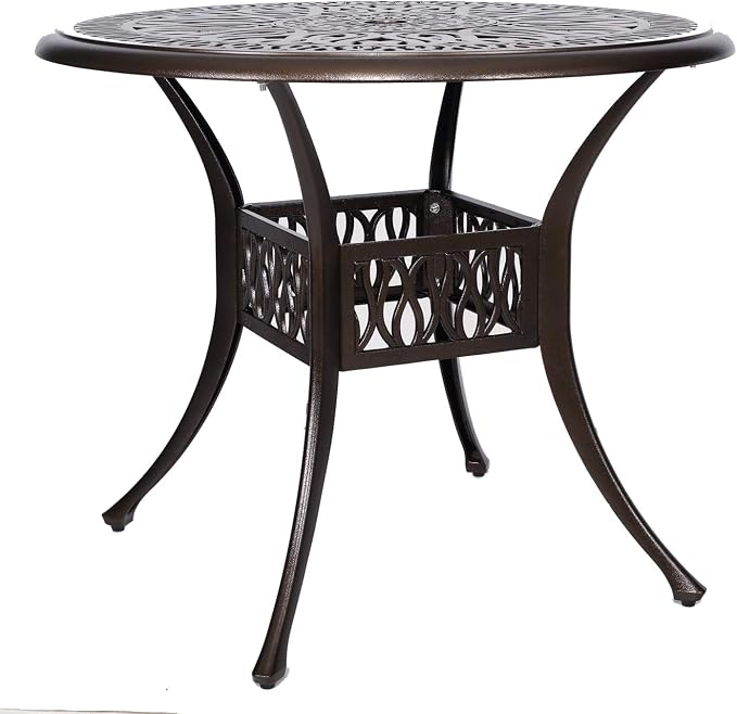 Puluomis 35” Round Cast Aluminum Dining Table, Outdoor Patio Retro Bistro Dining Table with 2” Umbrella Hole