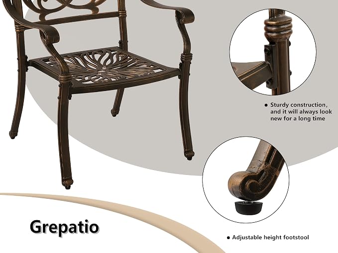 Grepatio 3 Piece All Weather Cast Aluminum Dining Set - 2 Elizabeth Chairs and 35.4" Bistro Table with Umbrella Hole -Outdoor Furniture Dining Set for Patio
