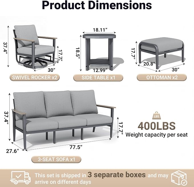 Aluminum Outdoor Patio Furniture Set, 6-Piece Outdoor Sofa with 5.1" Thick Cushions, Swivel Rocking Chairs, Outdoor Couch with Ottomans, for Porch, Garden, Gray