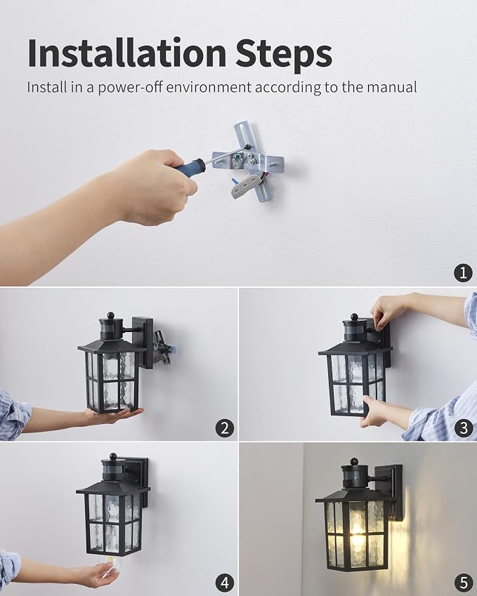 KDG Black Outdoor Motion Sensor Modern Patio Wall Light Fixtures Set of 2 | E26 Socket Waterproof Lanterns & Sconce with Tempered Glass, Modern Wall Mounted Lamps for Home, Front Door, Garage, Porch