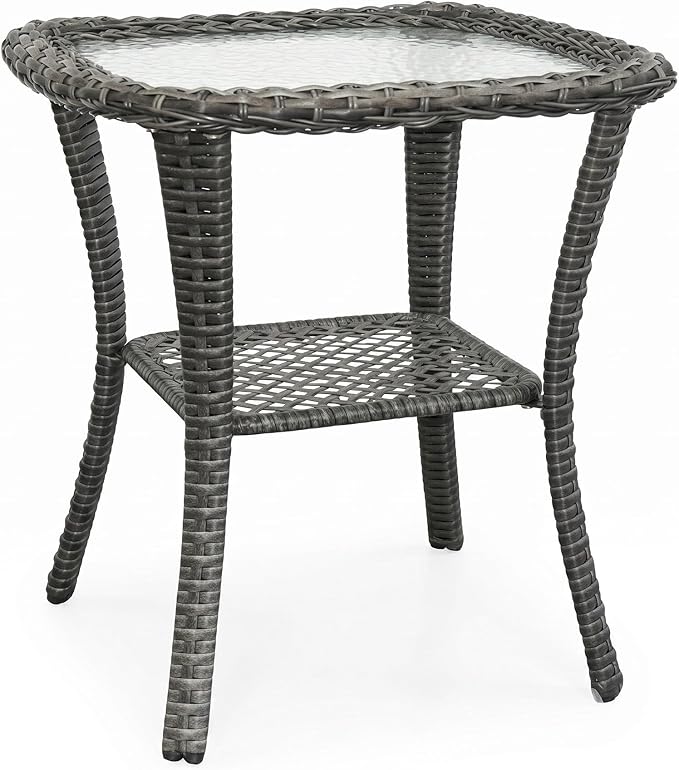 Outdoor Wicker Side Table, Patio End Table with Water-Ripple Tempered Glass Top, Rounded Corners & Floor-Friendly Wrapped Legs, Small Coffee Table for Covered Deck, Balcony, Small Living Room