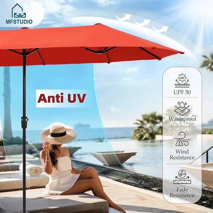MFSTUDIO Outdoor Dining Set for 6, Patio Furniture Set with Orange Red Umbrella (Base not Included), Outdoor Rectangle Metal Table and 6 Padded Navy Sling Chairs Set for Patio, Deck, Backyard, Garden