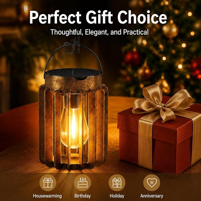 2 Pack Solar Lanterns Outdoor Waterproof, Retro Metal Hanging Lantern | 12-Hr Runtime Outdoor Solar Lantern, Auto On At Dusk, High Bright Hanging Solar Lights for Garden Porch Patio Yard Decor
