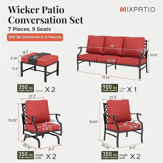MIXPATIO Patio Furniture Set 7 pcs, Outdoor Patio Furniture, 3-Seat Sofa, 2 Single Chairs, 2 Rocking Chairs, 2 Ottomans and 5.75" Extra Thick Cushion, Patio Conversation Set for Backyard Deck,Red