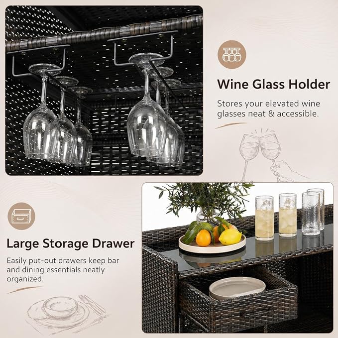 RUNNA 53.5" W Outdoor Wicker Storage Cabinet with Fridge Space,Weatherproof Outdoor Mini Fridge Bar Cabinet with Adjustable Shelves & Drawers for Pool Towel Storage,Garden,Kitchen (Black+Brown#64)