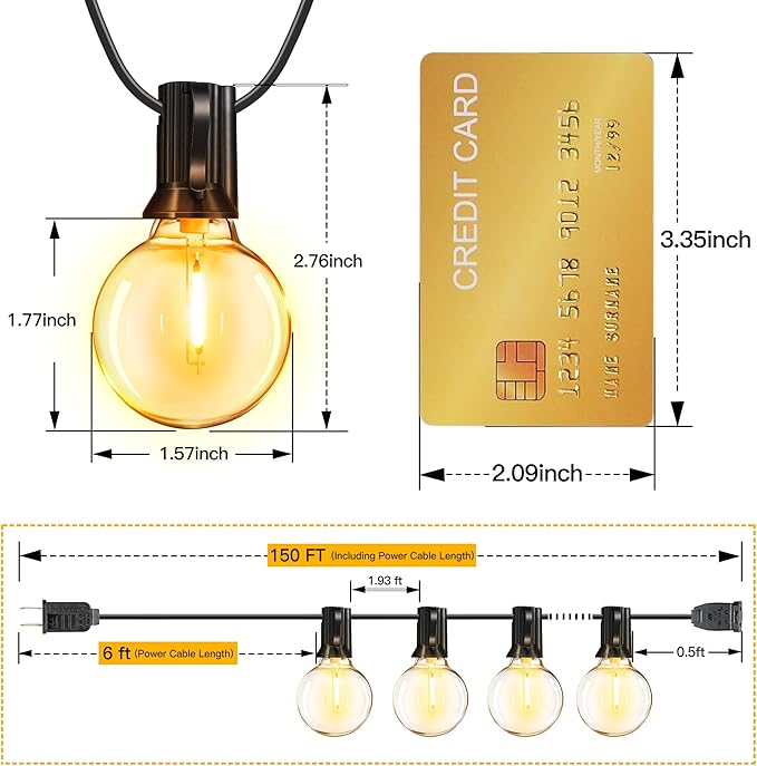 Ollny 150FT Outdoor String Lights, Waterproof Connectable Shatterproof Outside Light with 75 Edison + 4 Spare LED Bulbs Plug in, Patio Lights for Indoor Balcony Porch Camping Deck