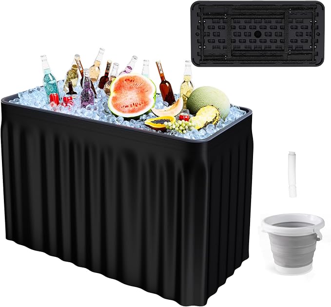 4 Foot Ice Cooler Table, Folding Buffet Cold Food Keeper w/Removable Matching Skirt & Drain Plug, Portable Patio Outdoor Chilling Table, Cooler Server for Party, Picnic, Camping, Wedding, BBQ