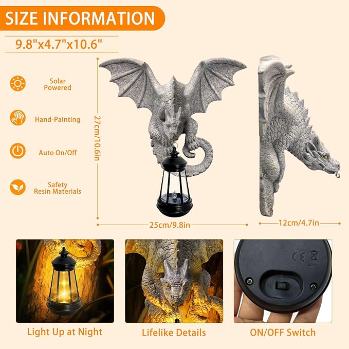 Dragon Tree Hugger Garden Statue - Resin Dragon Figurine Wall Hanger Sculptures Decor with Solar Lantern Lights, Outdoor Waterproof for Balcony Wall Porch Yard, Gifts for Mom Women Birthday